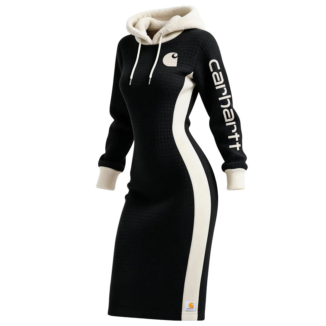 Women's Color-Blocked Waffle Textured Hooded Long Sweatshirt Dress