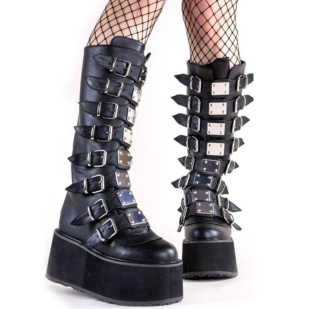 Brand Design Big Size 43 Black Gothic Style Cool Punk Motorcycles Boots Female Platform Wedges High Heels Calf Boots Women Shoes 1108-1