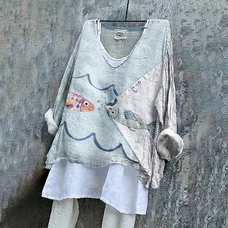 Vintage Patchwork Fish Embroidery Art Linen Blend Blouse