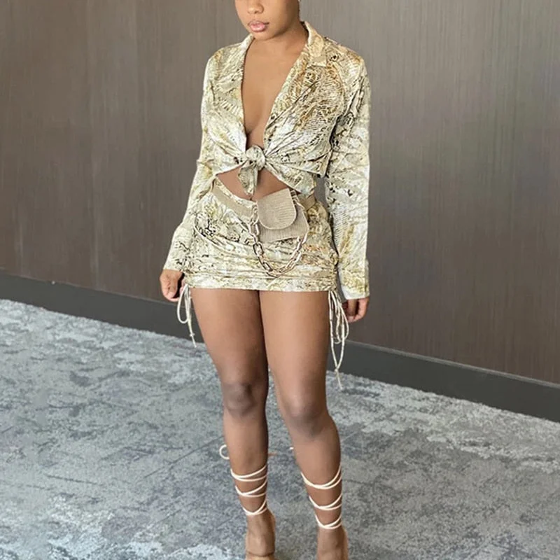 Articat Sexy Bodycon Two Pieces Set Women Long Sleeve Turn Down Collor Short Top Women Solid Print Casual Winter Partywear Set