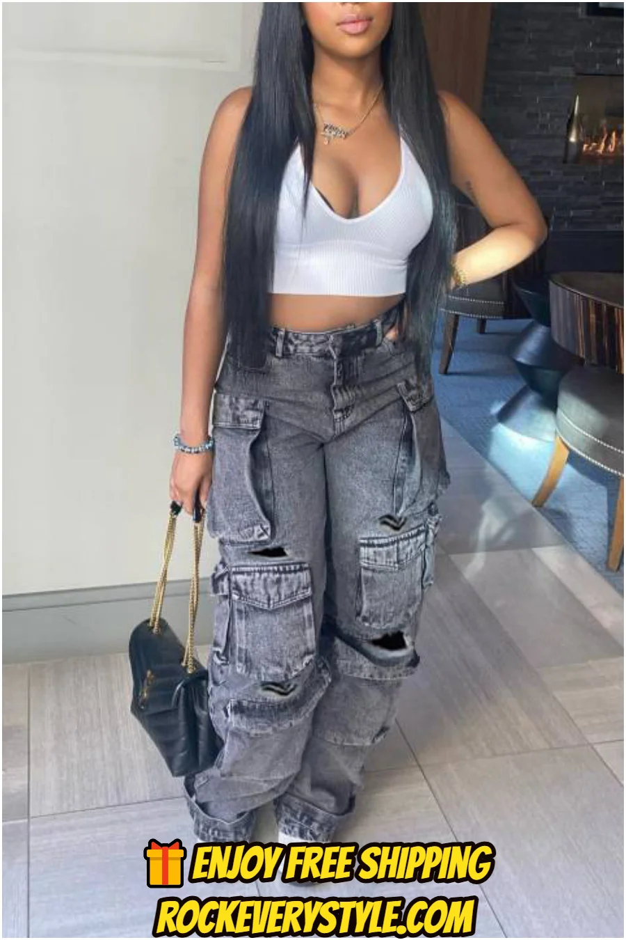 🎁Enjoy free shipping Fashion Multi-dimensional Pocket Washed Cargo Jeans