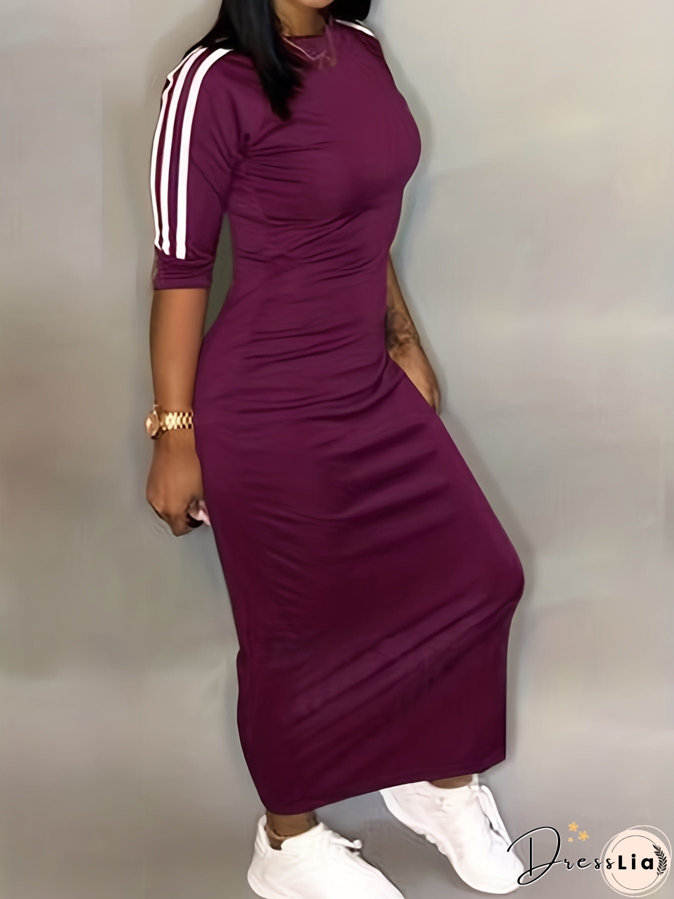 Striped Print Maxi Dress, Casual Crew Neck Dress For Spring & Summer, Women's Clothing