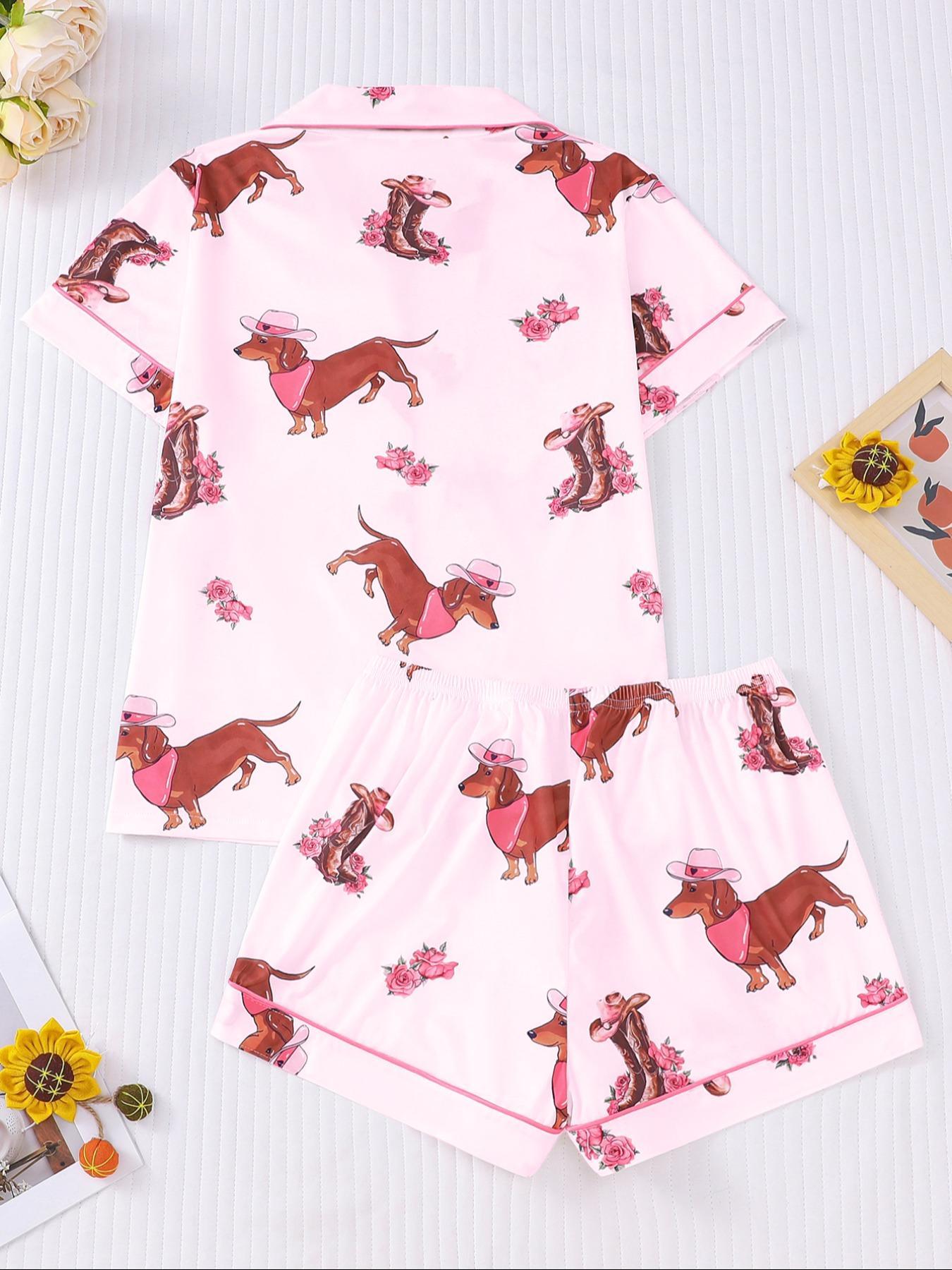 Women's All Over Dachshund Print Shirt & Elastic Waist Shorts Pyjama Two-piece Set, Matching Pj Set, Casual Comfy Short Sleeve Collared Top & Shorts PJ Set, Ladies Sleepwear for All Seasons, Loungewear, Sleep Pajamas Shorts