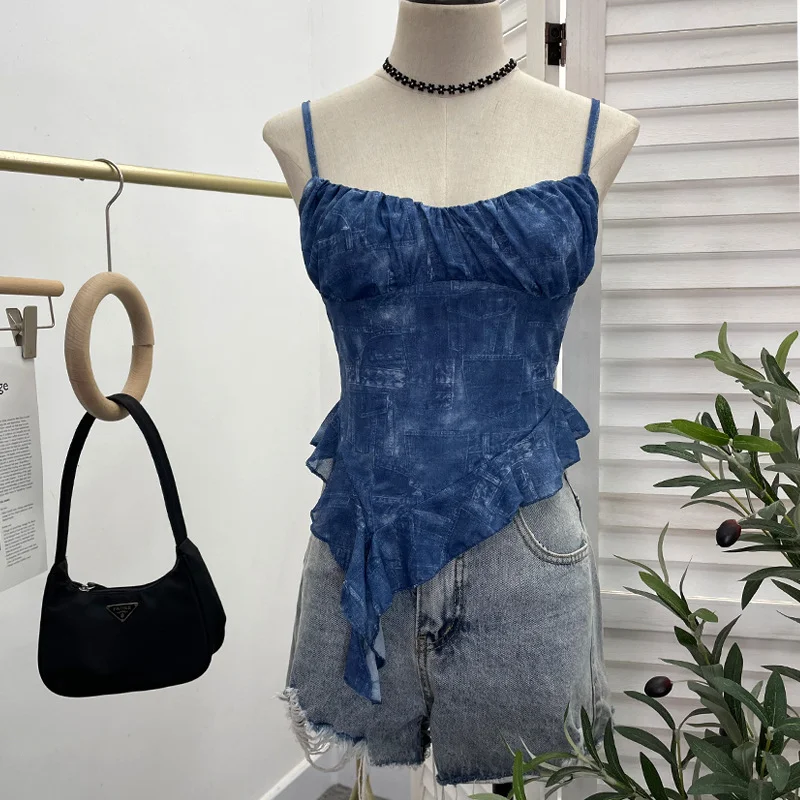Nigikala Nigikala Shoot 辣tie Bra Irregular Sling Sling Vest Slimming Print Mesh Sleeveless Top 8950