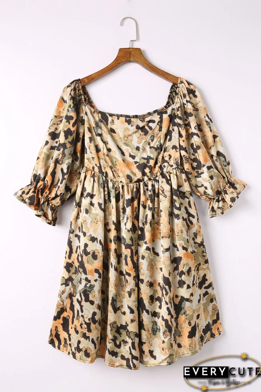Multicolor Abstract Print Shirred Half Sleeve Square Neck Mini Dress