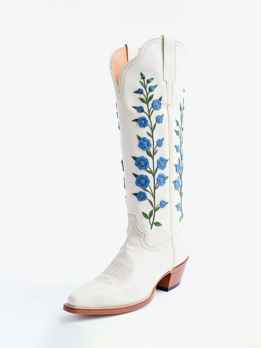 Elegant White Chunky Heel Blue Floral Embroidered Knee Cowgirl Boots