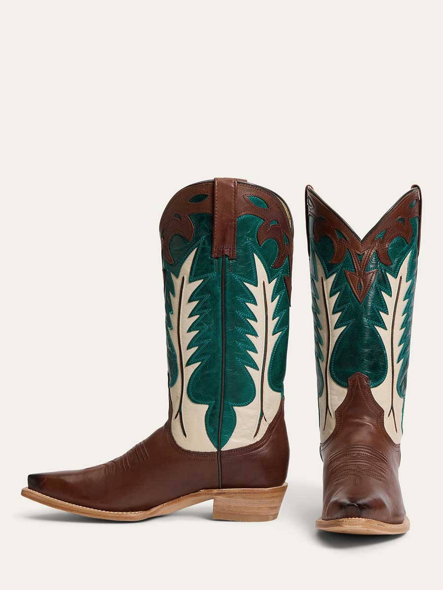 Brown & Green Patchwork Flame Inlay Mid-Calf Western Boots for Women