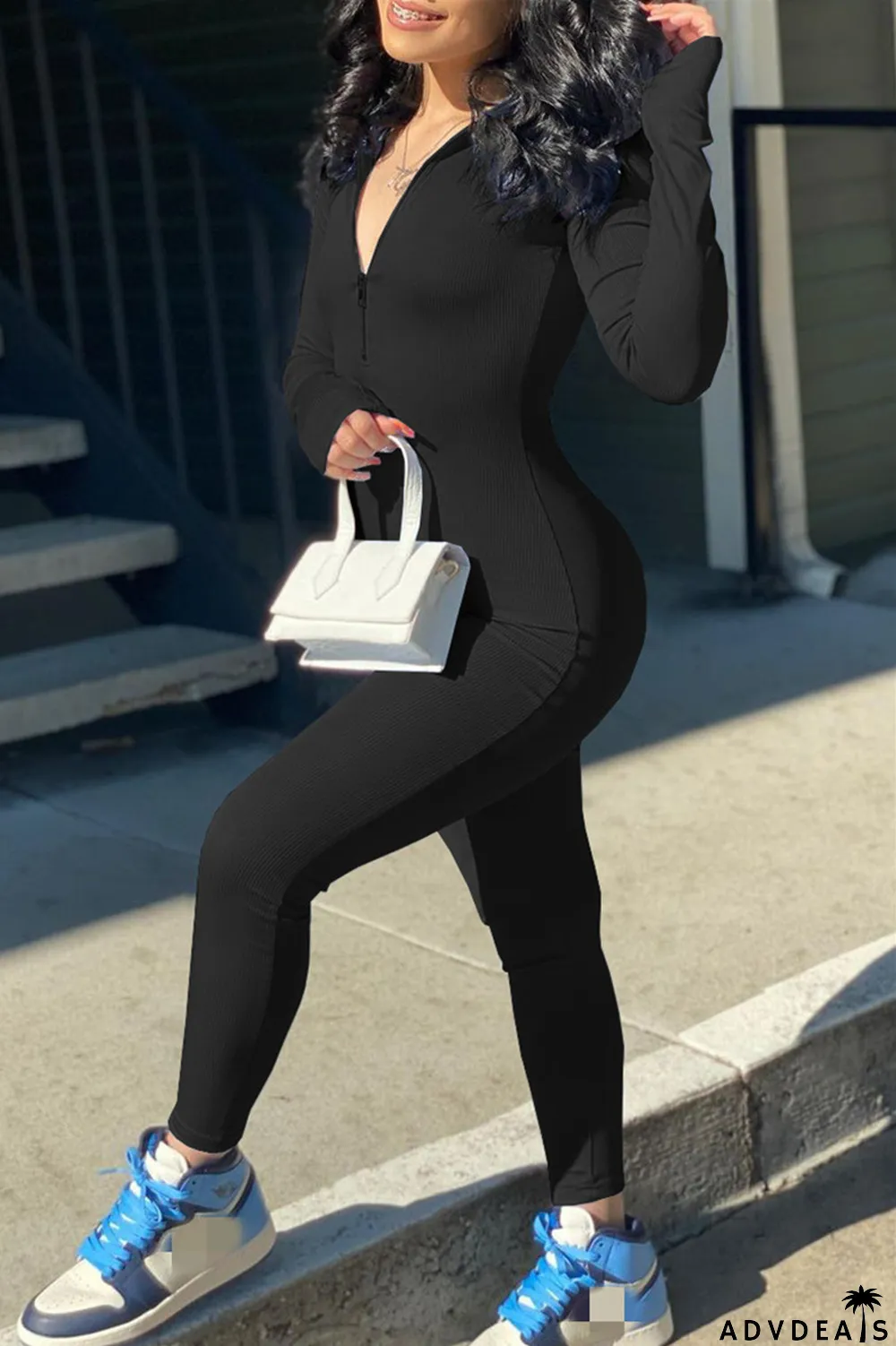 Light Blue Fashion Casual Solid Basic Zipper Collar Skinny Jumpsuits