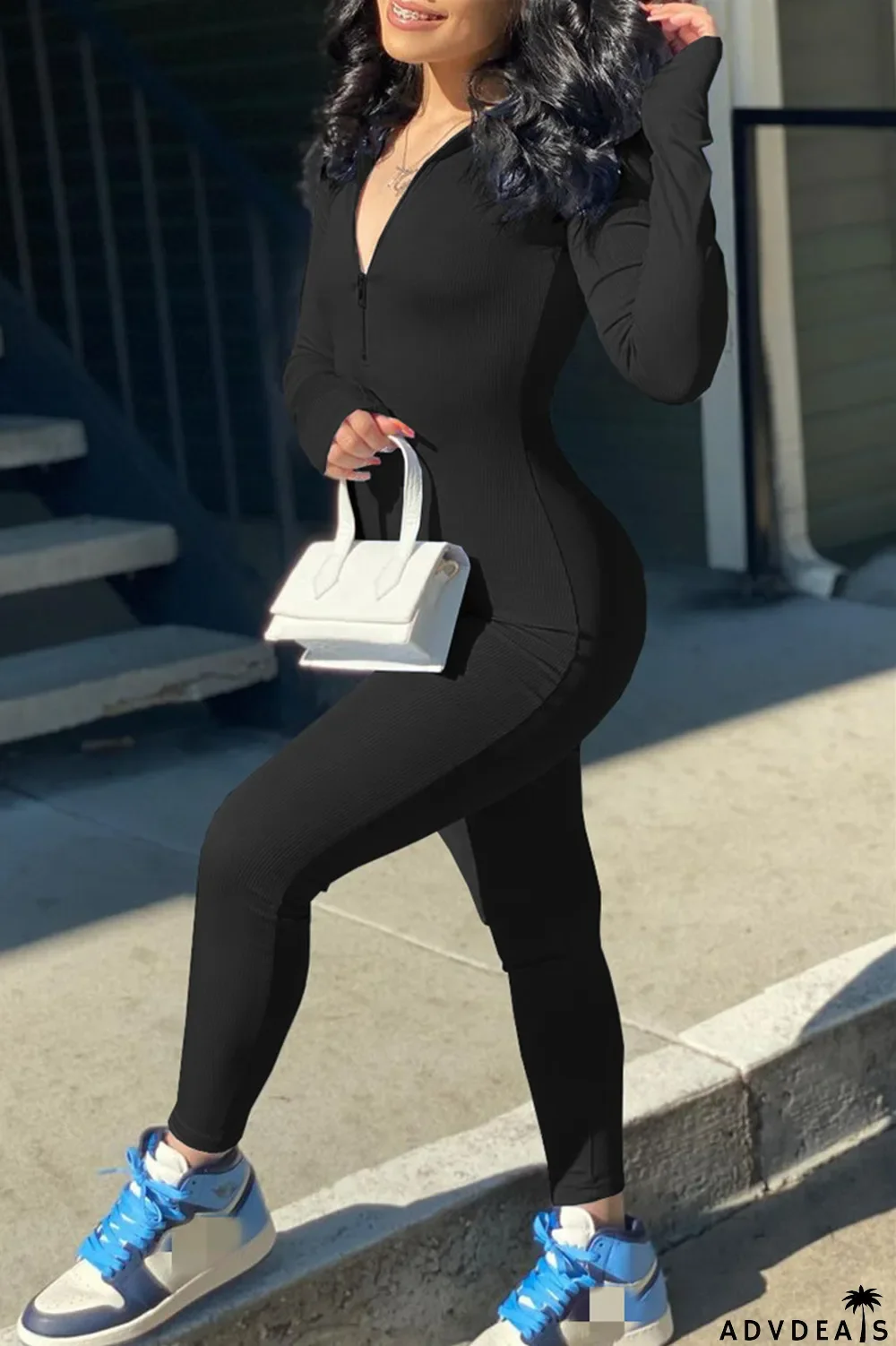 Light Blue Fashion Casual Solid Basic Zipper Collar Skinny Jumpsuits