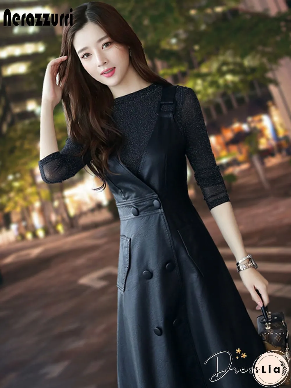 Summer Long Black Leather Dress Womens Strap Midi Faux For Womens Elegant Korean Fashion