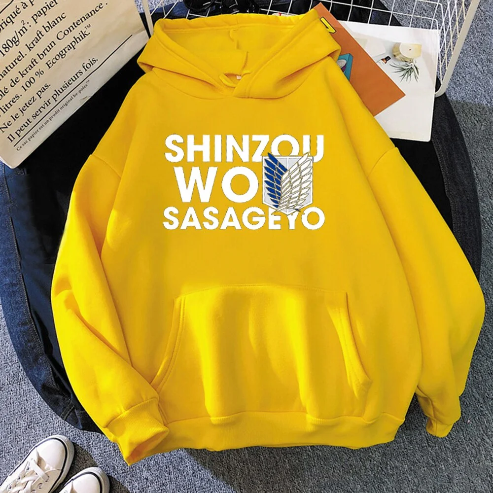 Attack on Titan Hoodies Harajuku Hoodies Womens Men Hip Hop  SHINZOU WO SASAGEYO Print Sweatshirt Hip Hop Unisex Streetwear