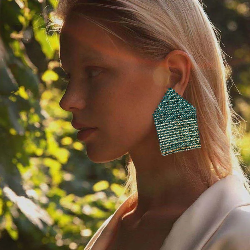 Large geometric pattern rhinestone earings