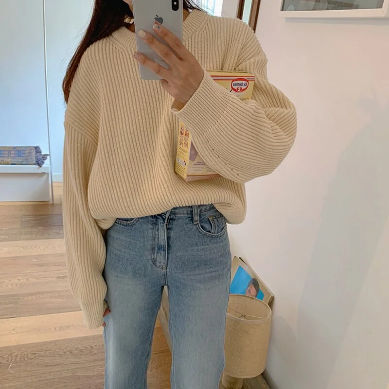 Syiwidii Autumn Winter 2021 Woman Sweaters Green Vintage Pullovers Long Sleeve O-Neck Knitted Harajuku Oversized Pink Jumpers