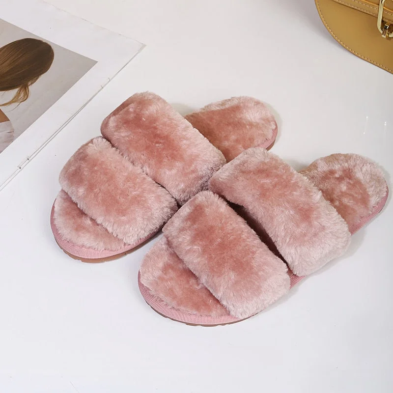 Fluffy Slippers Women Cozy Faux Fur Indoor Floor Slides Flat Soft Furry Shoes Women Home Slippers Female Winter Warm Flip Flops