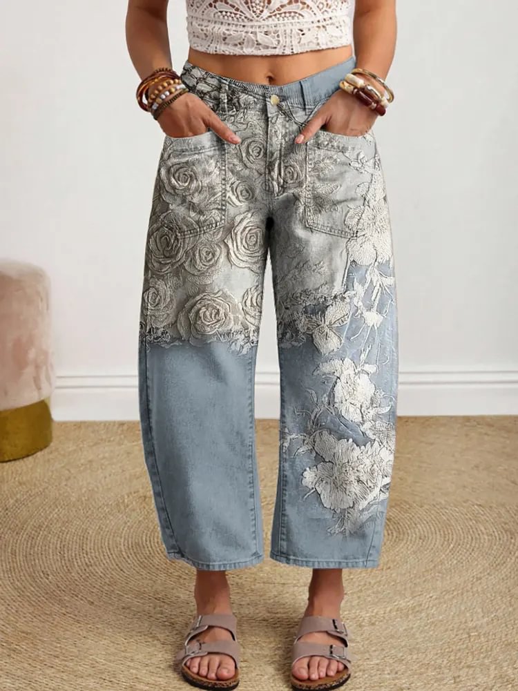 Ethnicity Flowers Texture Art Women's Art Print Jeans