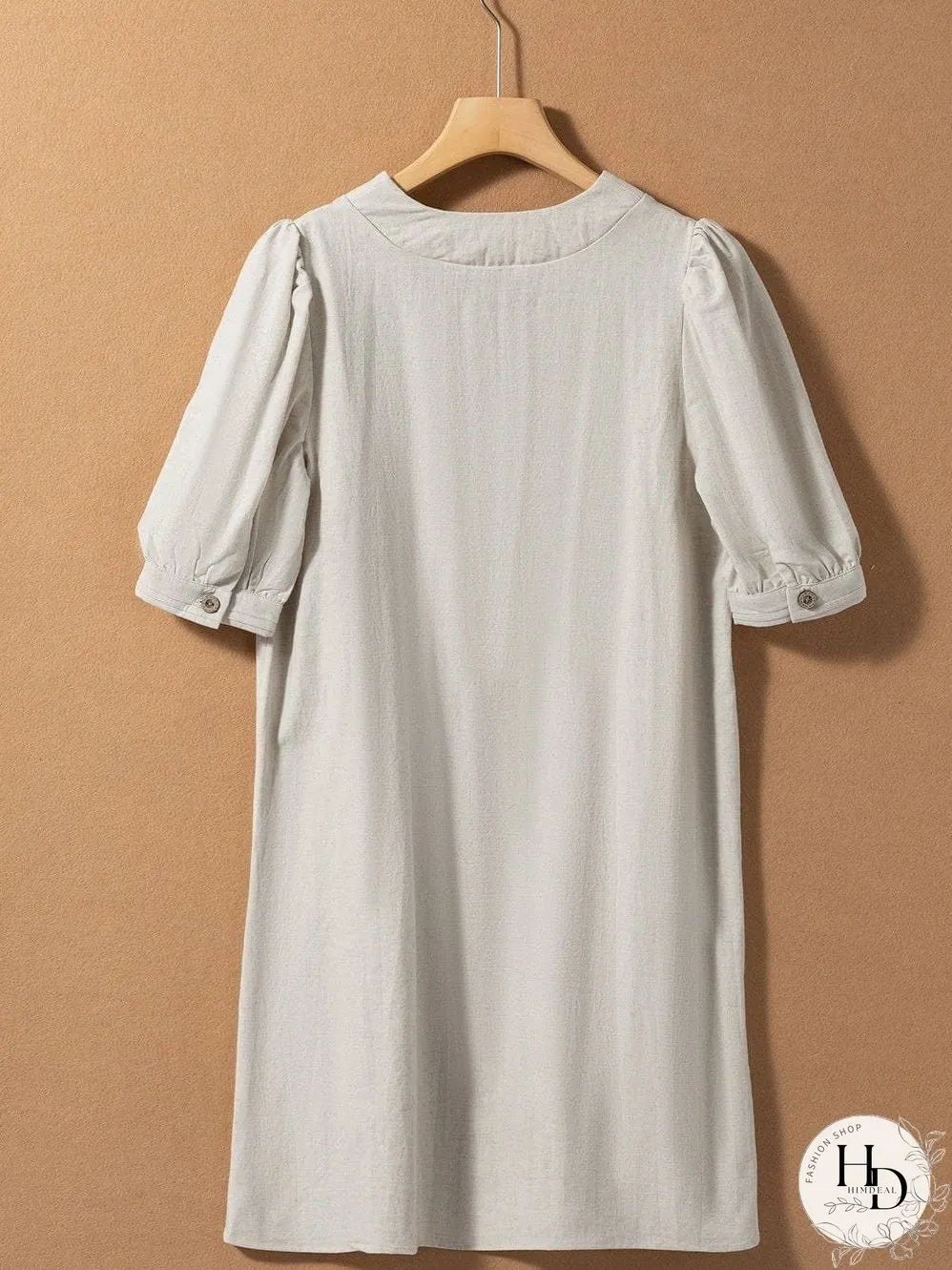 Elegant Beige Bubble Sleeve V-Neck Short Shift Dress