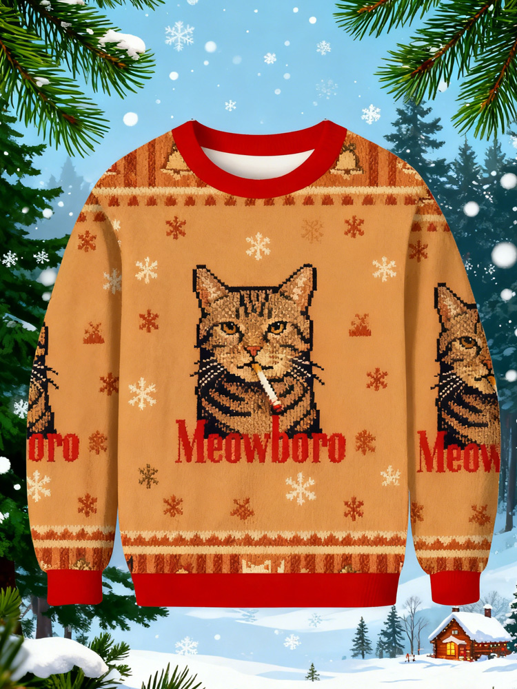 Funny Realistic Cat Cigarette Christmas Ugly Sweatshirt elevenforest