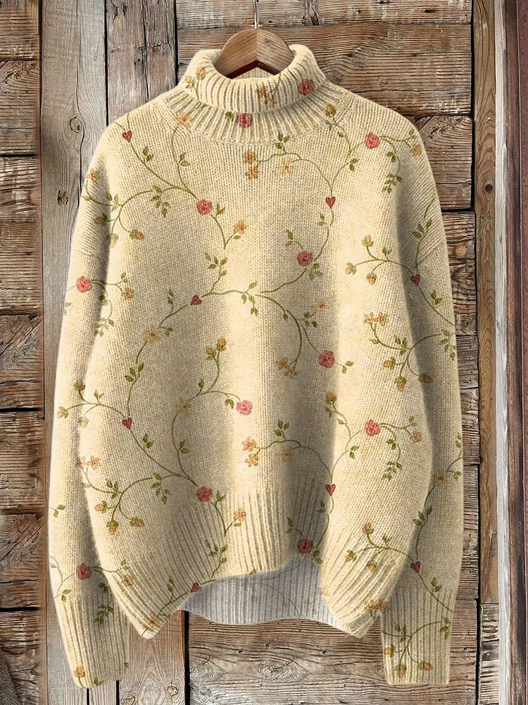 Retro Lovely Floral Art Print Knit Turtleneck Pullover Sweater