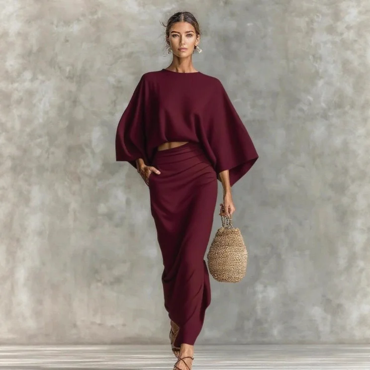 Athvotar Athvotar Shein Round Collar Long-Sleeved Top High Waist Skirt Suit Women's Clothing