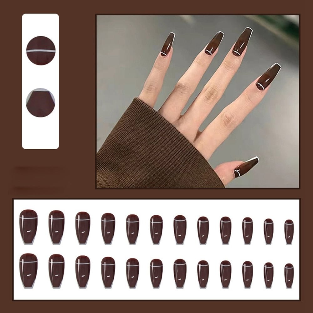 24Pcs/Box French Translucent Dark Brown Long Fake Nails Autumn Winter Fullcover Press On Nails Detachable False Nails With Glue