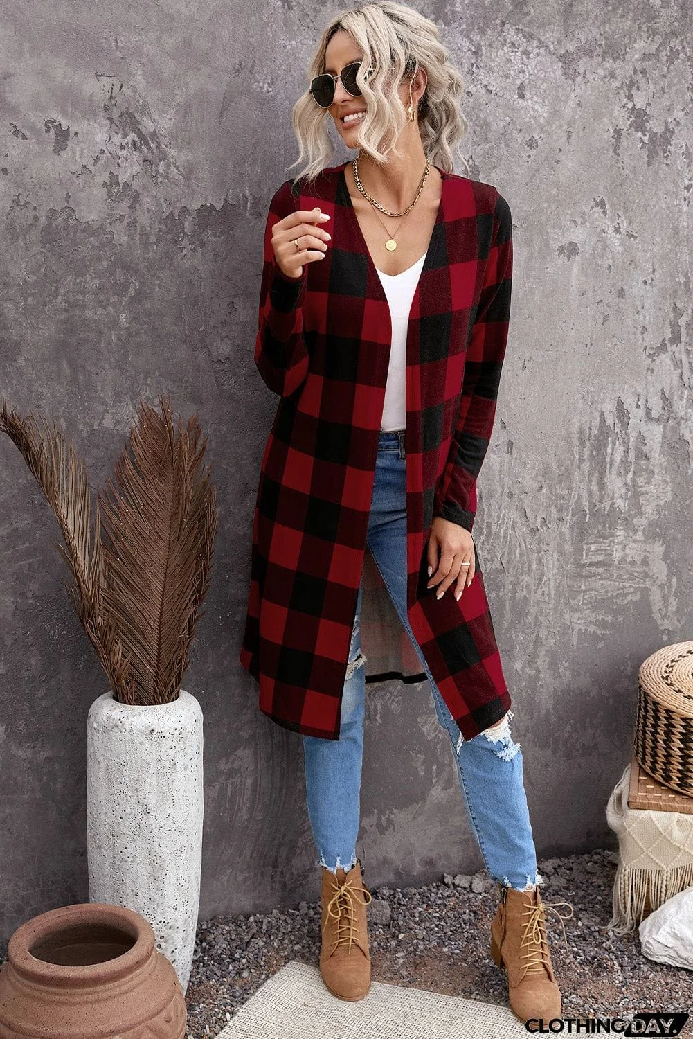 Classic Red Plaid Print Long Cardigan