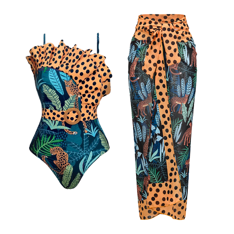 Morisly Ruffle Leopard Print Belt One Piece Swimsuit and Sarong