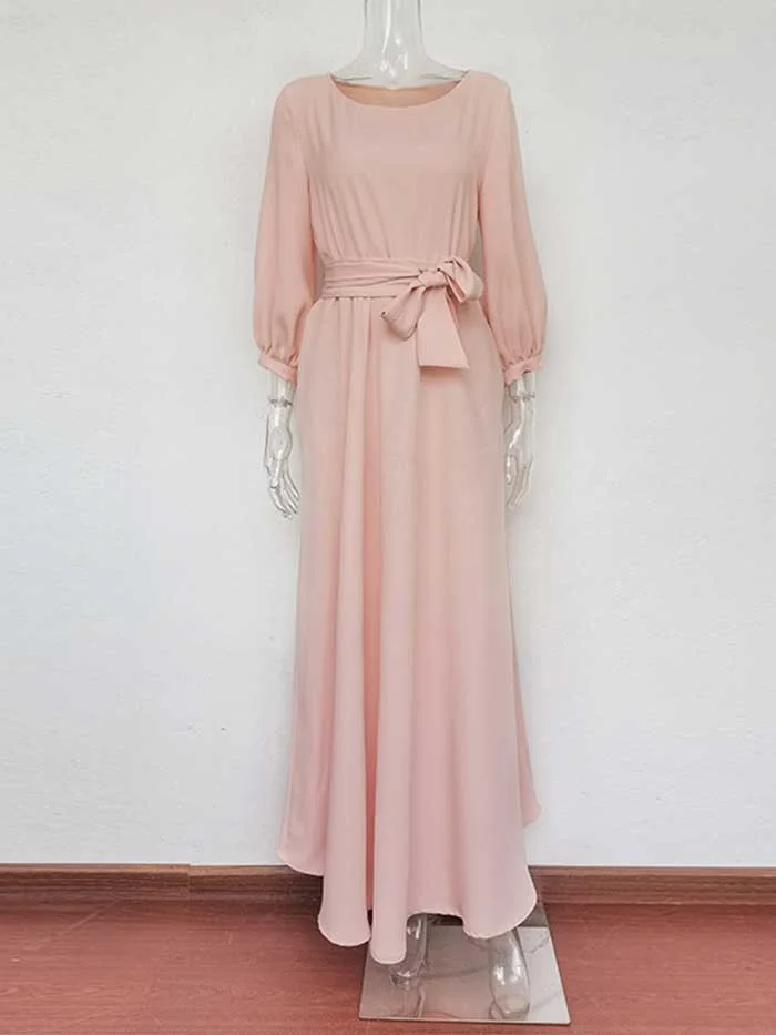 Summer new style women's round neck belt lantern sleeve long dress dress