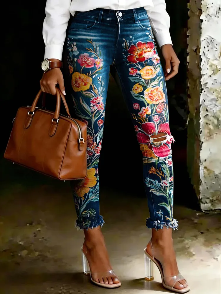 Women's Vintage Colorful Floral Art Ripped Skinny Jeans