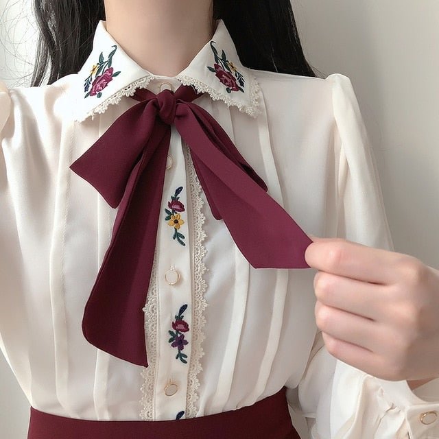 Celestia Vintage-Aesthetic Flower Embroidered Chiffon Shirt Novameme