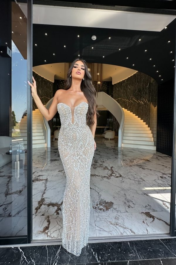 Lisliy Glamorous Crystal-Embellished Beaded Strapless Mermaid Prom Dress 