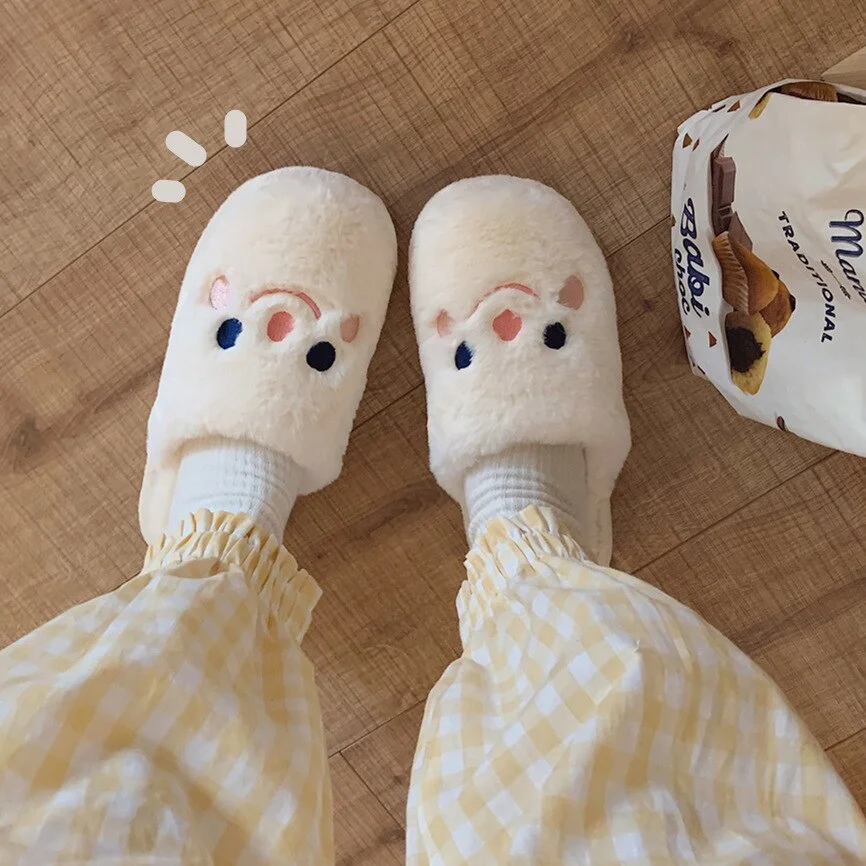 Vstacam Korean Cute Warm Slippers Kawaii Animal Smile Face Slippers Home Flat Plush Slippers Comfy Fuzzy Slippers for Women Girls