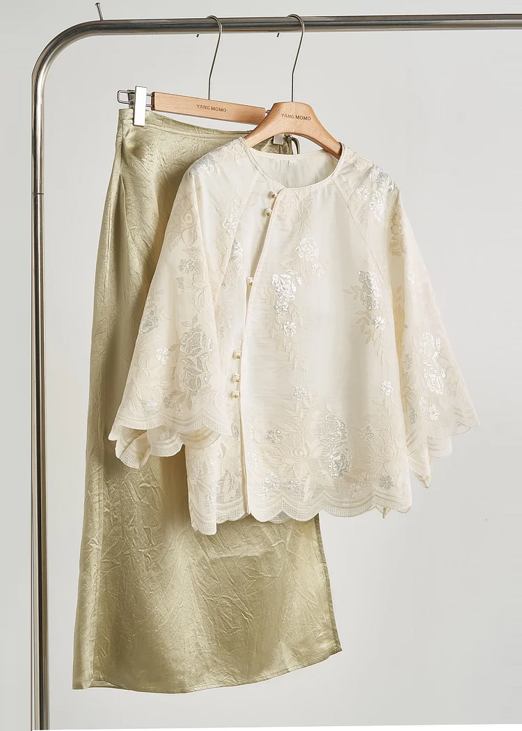 Loose White Embroidered Sequins Silk Shirt Top Bracelet Sleeve