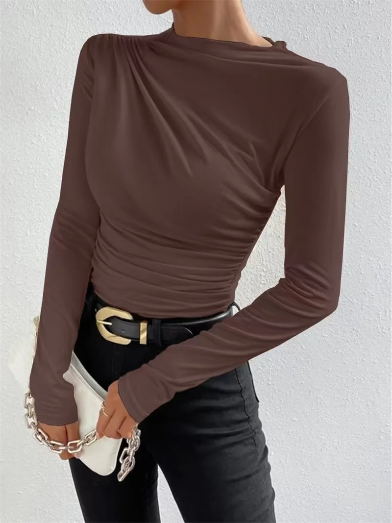 Nigikala Nigikala Summer Solid Color Round Collar Repair Shirt Bran Folding Design Women's Long-Sleeved Top