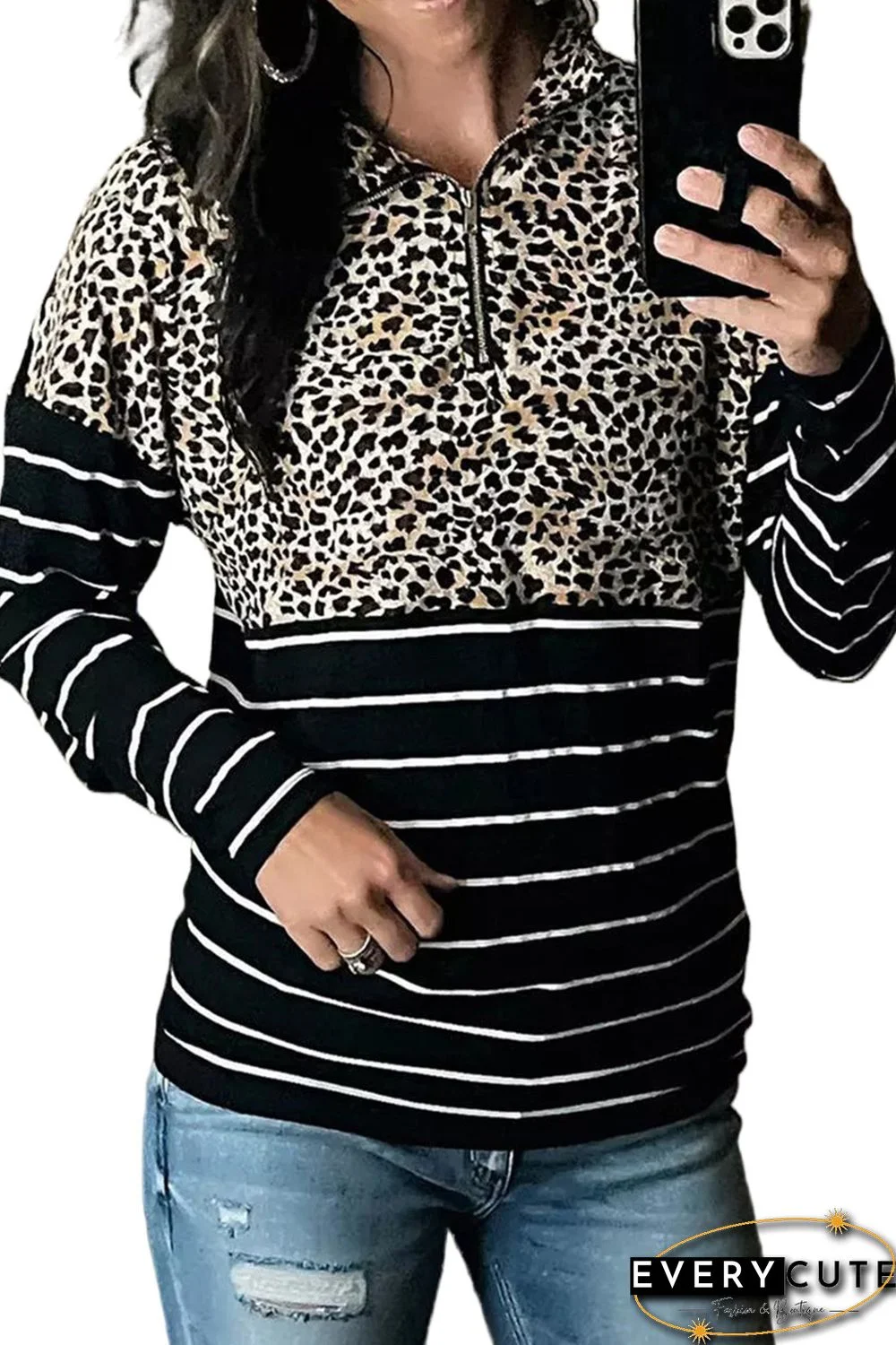 Leopard Striped Zipper Pullover Sweatshirt