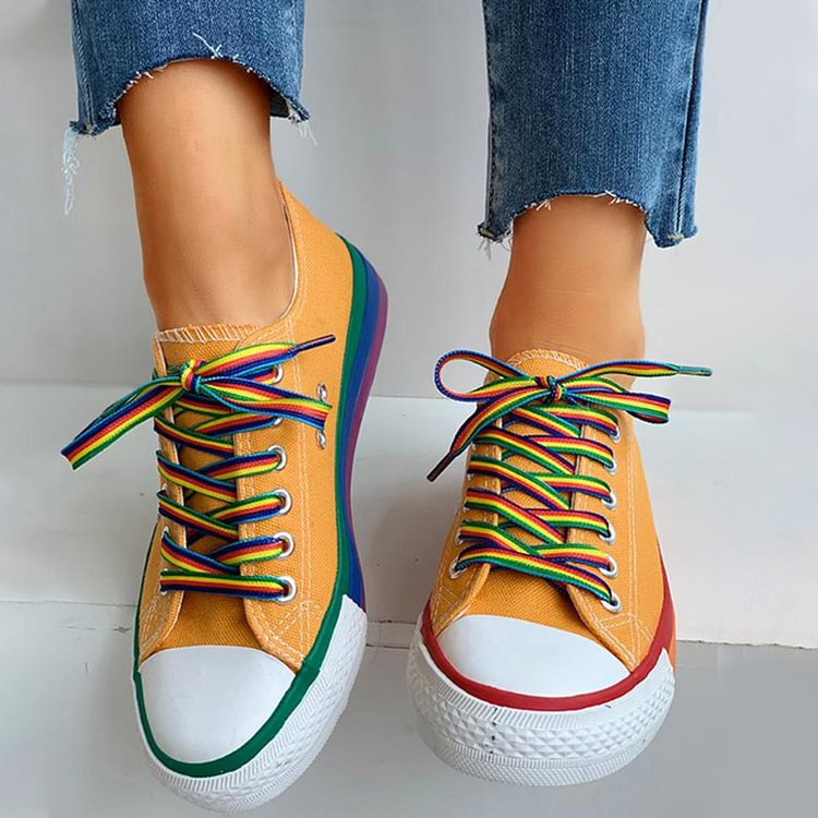Women's Candy Rainbow Color Lace-up Low Top Denim Sneakers