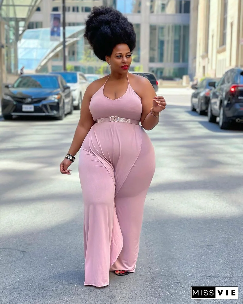 Casual Solid Color Sleeveless Ruffle Halter Lace Up Party Club Summer Plus Size Loose Wide Leg Jumpsuits