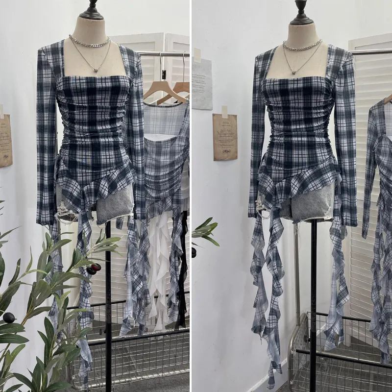 Nigikala Nigikala Shooting Collar Low-Breast Sexy Mesh Yarn Long-Sleeved Top Irregular Ribbon To Repair Hottie T-Shirt 8096