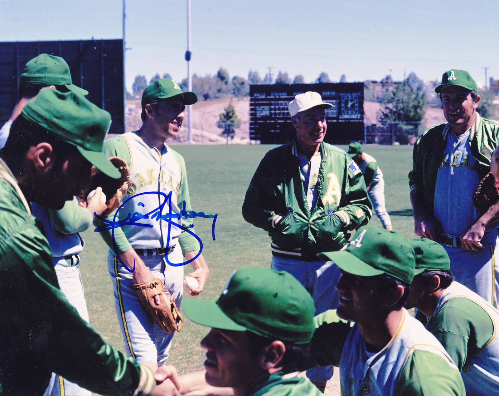 RICK MONDAY OAKLAND A'S W/ JOE DIMAGGIO ACTION SIGNED 8x10