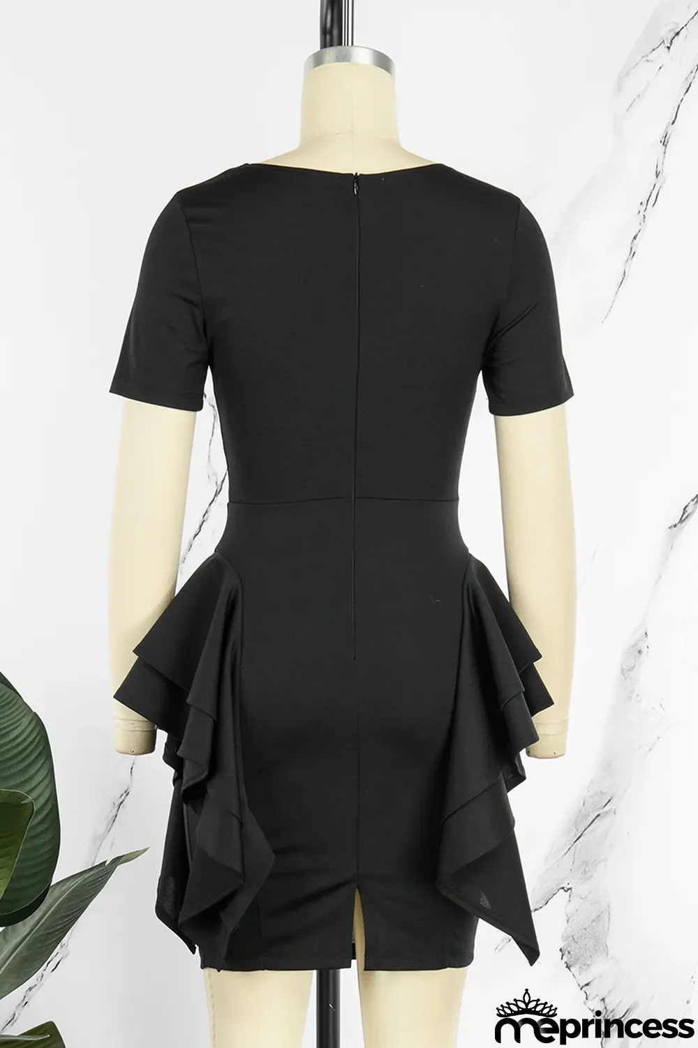 Black Casual Solid Patchwork O Neck Short Sleeve Dress (Without Belt)