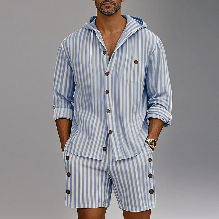 Okaywear Flax Striped Button Design Hooded Shirt & Shorts 2Pcs Set Okaywear