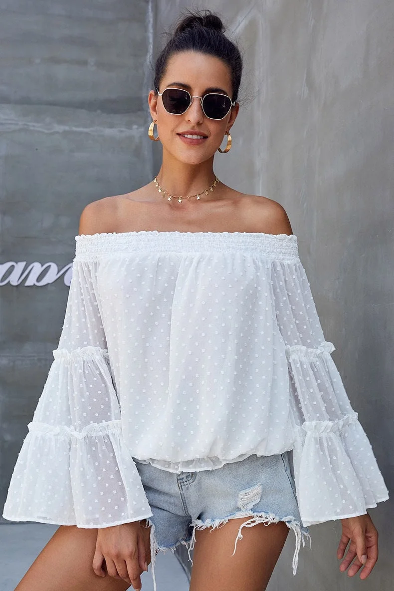 Zingj Long Dot Sleeve Chiffon Off-shoulder Off-the-neck Hollow-out Loose Top