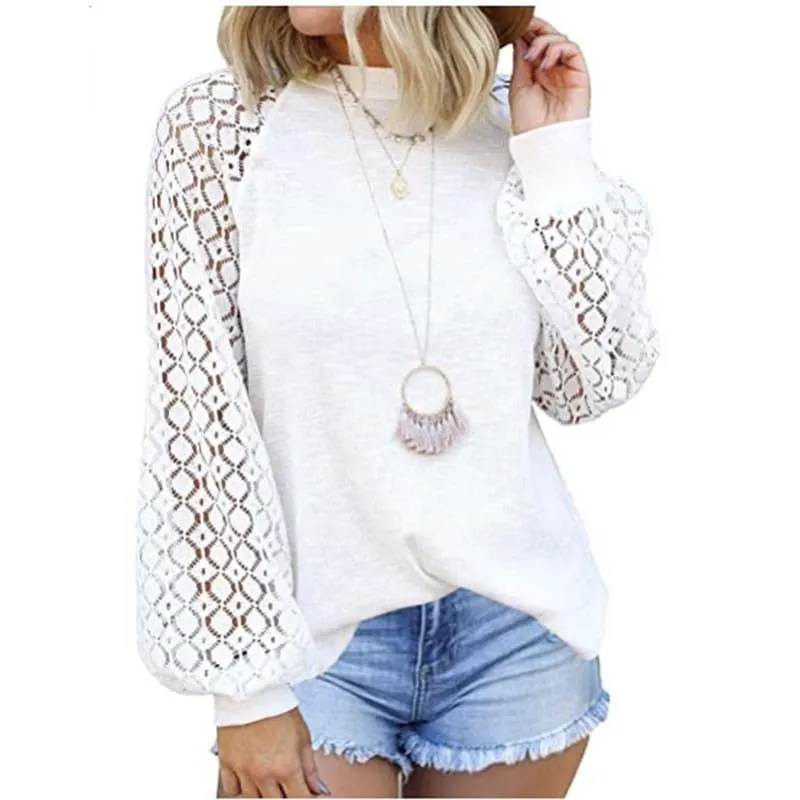 2022 New Solid T Shirt Women Fashion Lace Patchwork O Neck Long Sleeve Streetwear Loose Tops Female Casual Oversized Tee Shirt