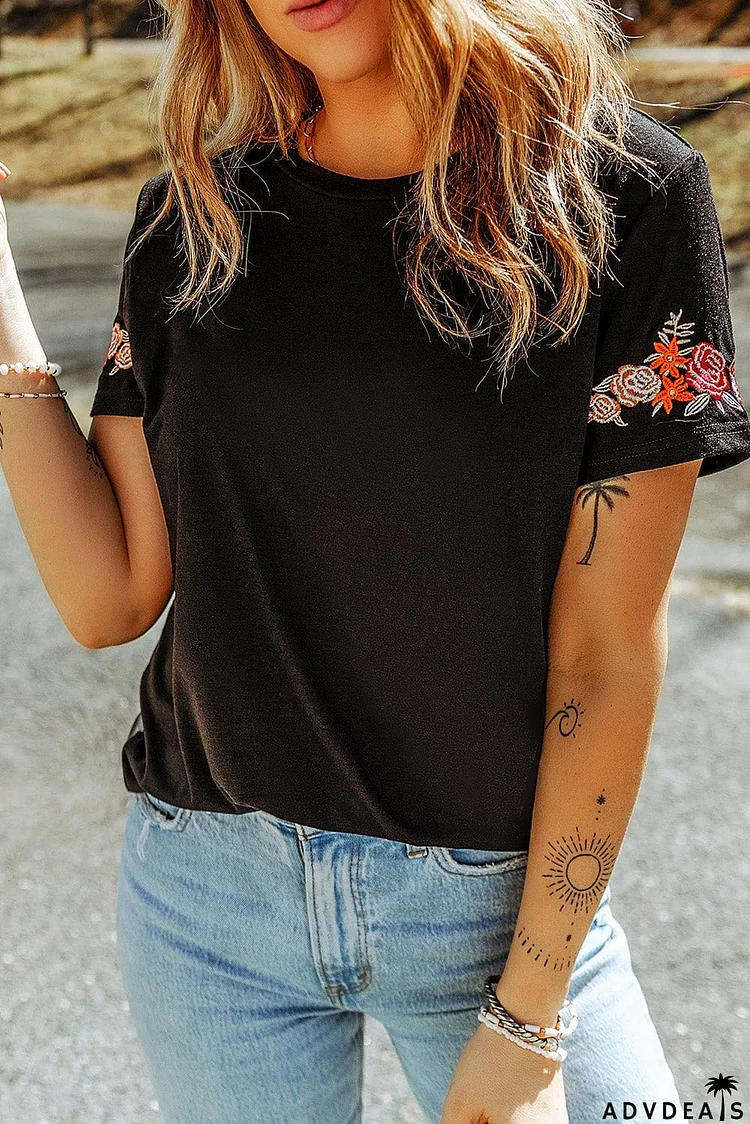 Embroidered Round Neck Tee Shirt