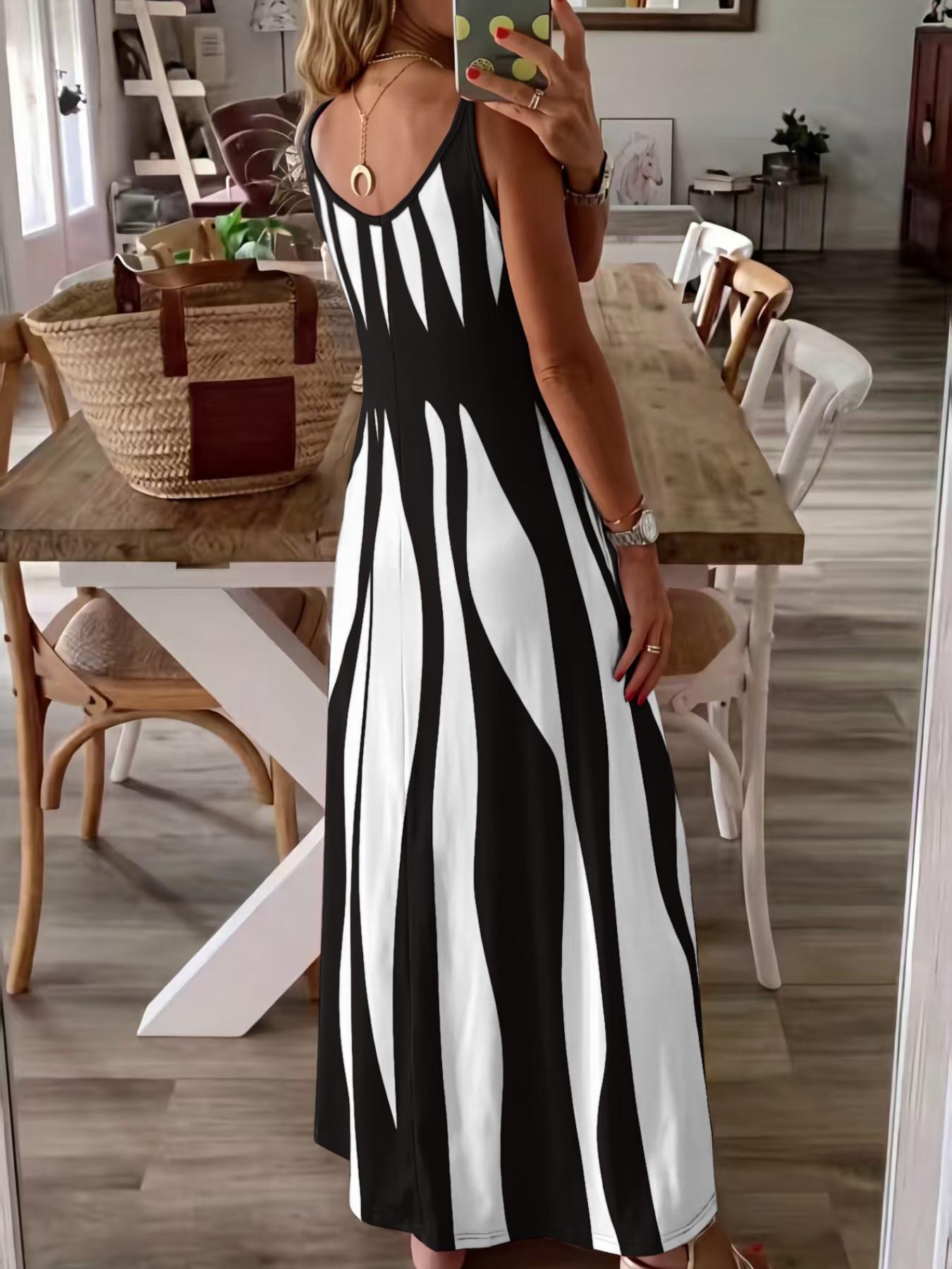 Summer New Arrival Women's Casual Sleeveless Striped V-Neck Long Dress, Sweet Style Elegance Loose-Fitting Daily Wear, Perfect for Outdoor Activities