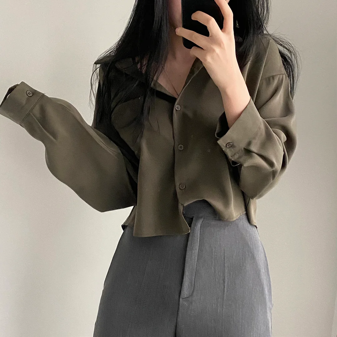 KOREAN SINGLE BREASTED LONG SLEEVE CROP SHIRT