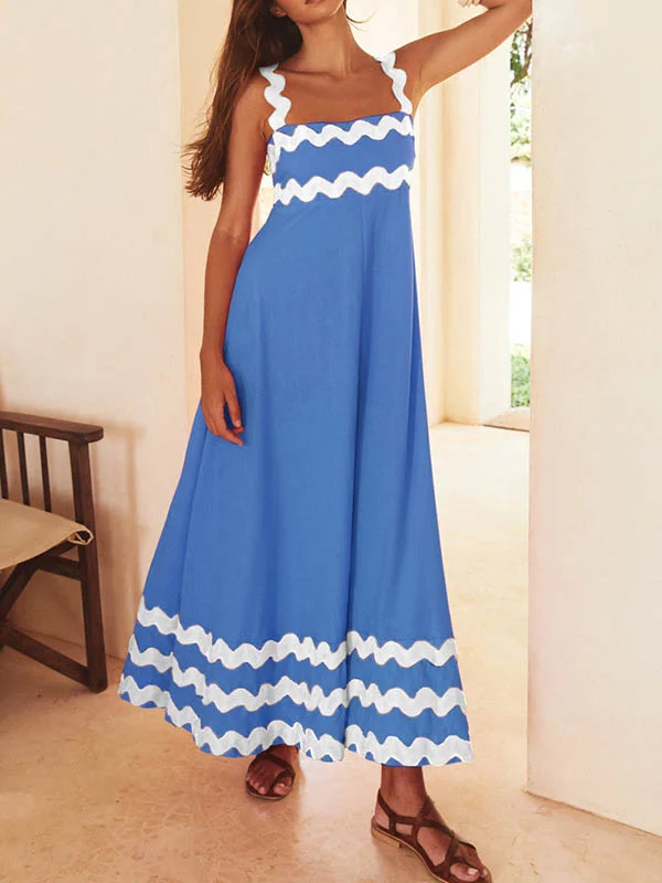 A-Line High Waisted Contrast Color Pleated Striped Zipper Mock Neck Midi Dresses