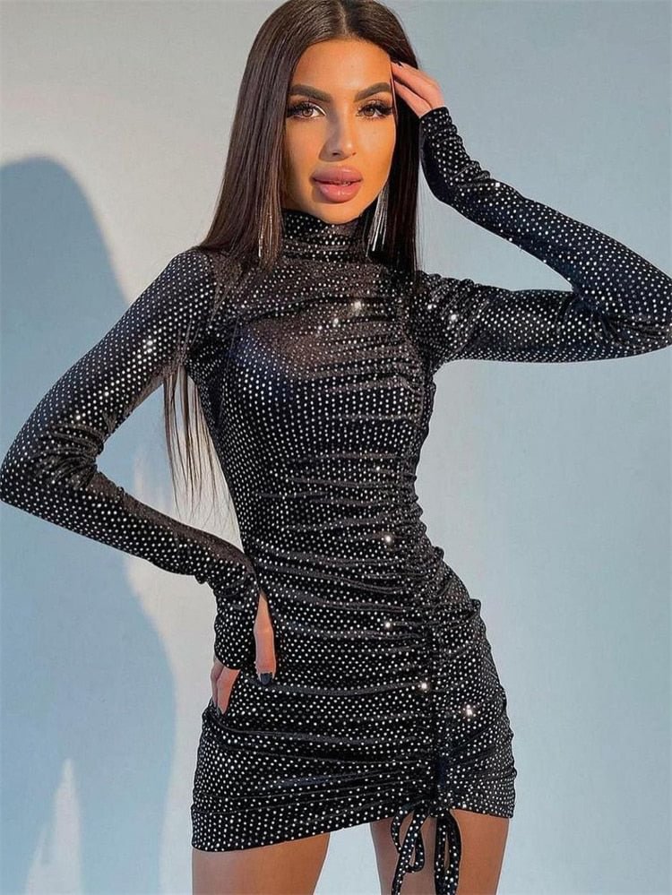 Forefair Long Sleeve Turtleneck Bodycon Sequins Woman Mini Dress 2022 Spring Party Elegant Robe Women's Dresses For New Year