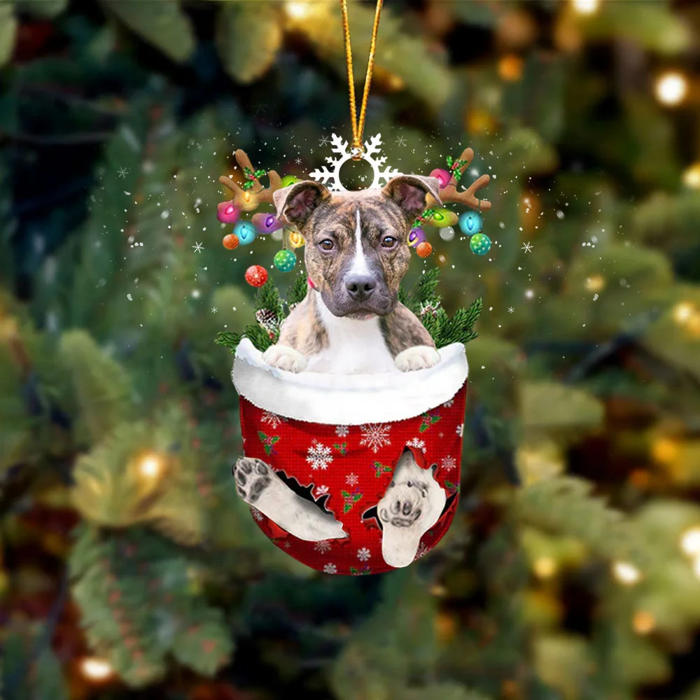 Brindle Pitbull In Snow Pocket Christmas Ornament.