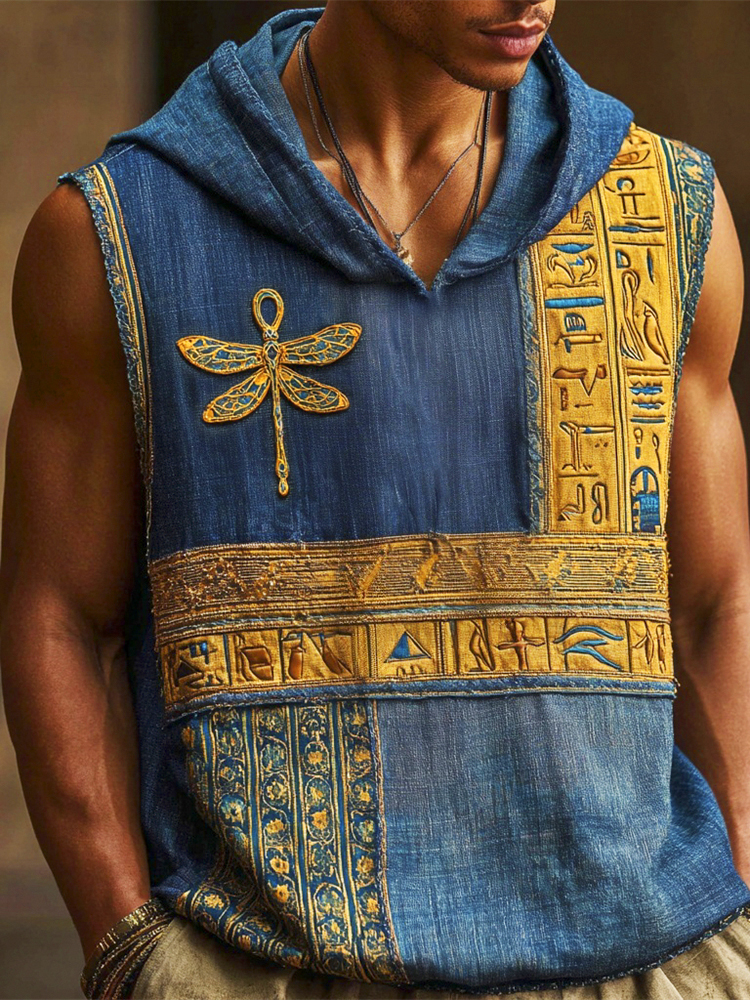 Vintage Dragonfly & Egyptian Elements Men's Linen Hooded Tank