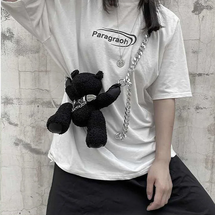 Dark Black Plush Bear Crossbody Bag - Gotamochi Kawaii Shop, Kawaii Clothes
